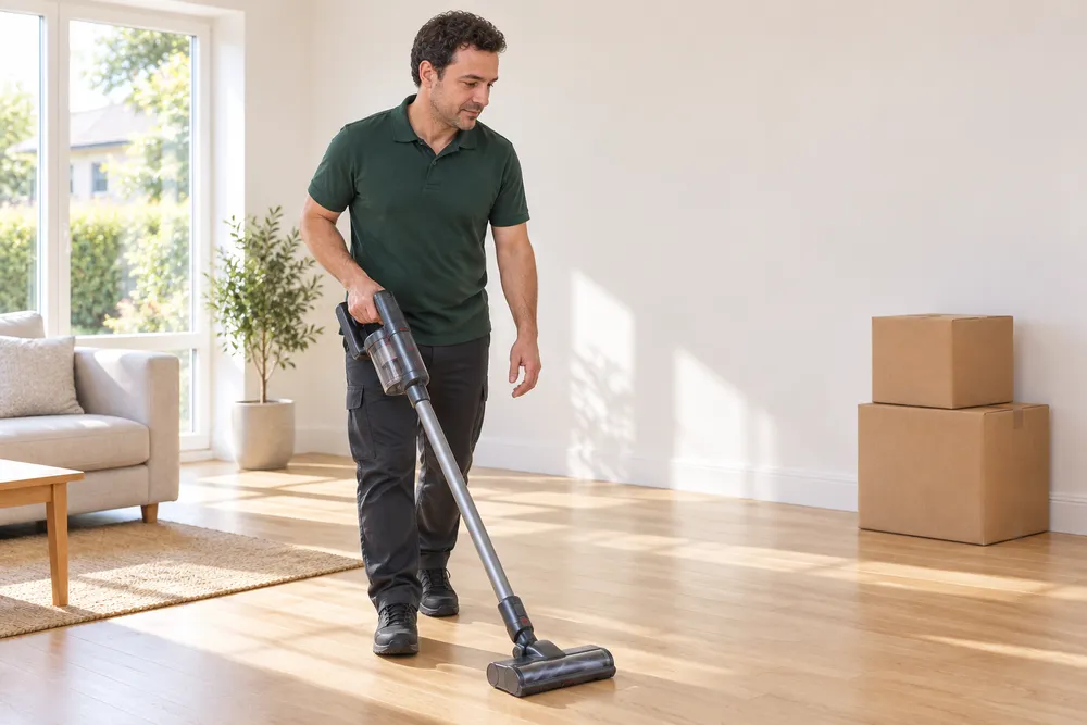 Illustration of a cleaner vacuuming a home during a move